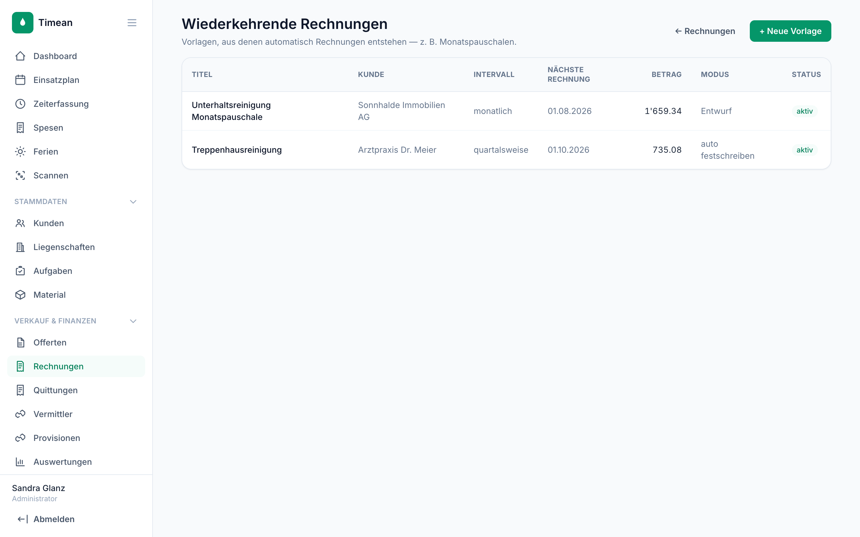 Wiederkehrende Rechnungen: Vorlagenliste